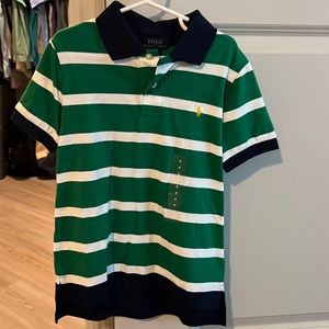 POLO Ralph Lauren blue, white and green striped polo shirt.